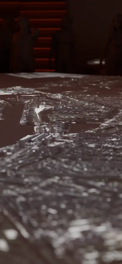 Four people intently observing a detailed 3D architectural model of a city, illuminated from below